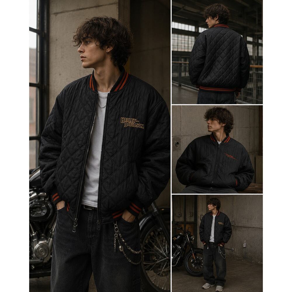 Vintage 2004 Harley Davidson Reversible Quilted Bomber Jacket XL Black